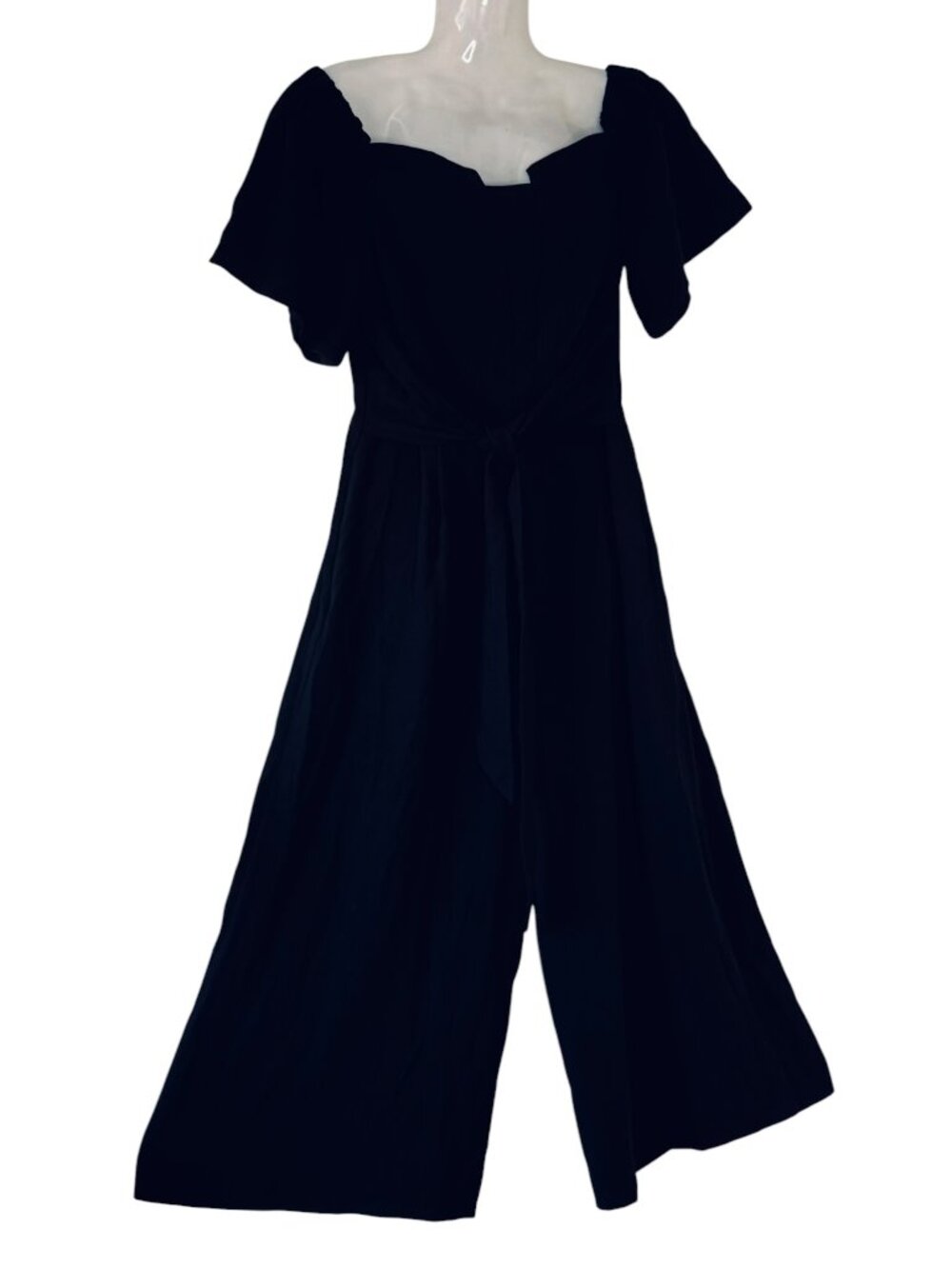 Karen Millen Wide Leg Jumpsuit Side Pockets Black Crepe Empire Waist Evening  8